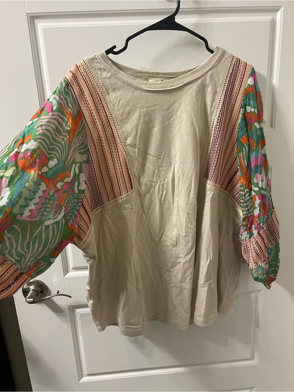 easel Cream Scoop Neck Tunic with Striped Embroidered Trim